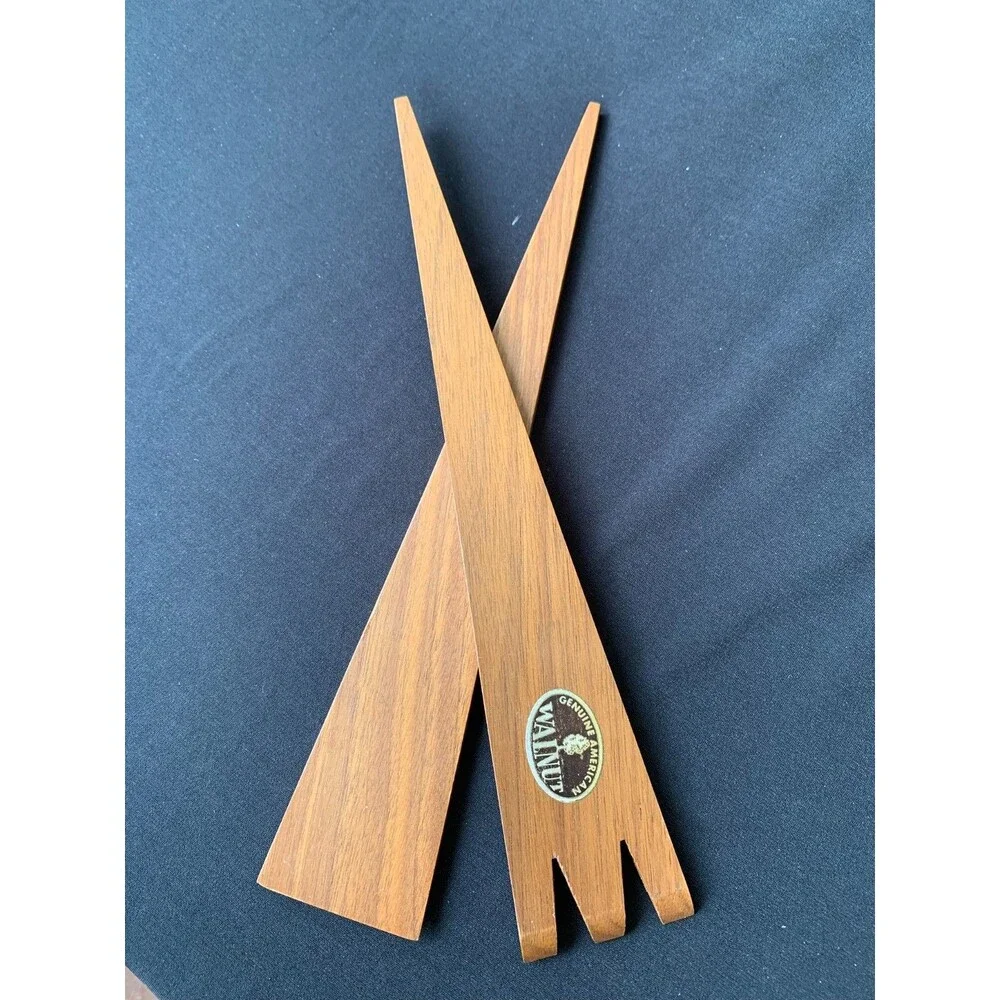 Vintage Genuine American Walnut Wooden Salad Tossers Utensils MCM Mid Century
